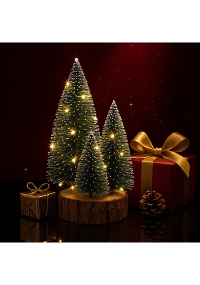 4'lü Led Işıklı Mini Yılbaşı Noel Ağaçları Seti 4'lü Masa Üstü Dekor 23cm, 18 Cm, 12 Cm, 13 Cm
