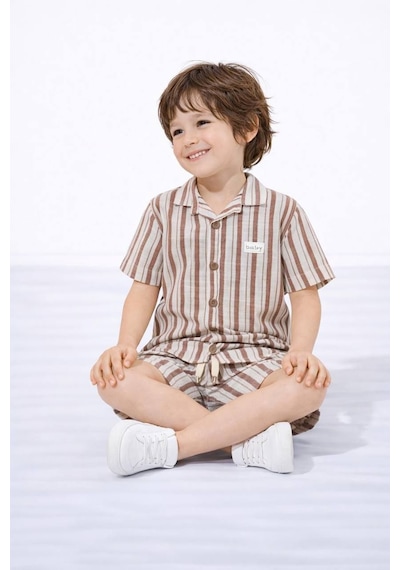 Miniko Kids Erkek Çocuk Çizgili Gömlekli Müslin Şortlu Takım Kahverengi