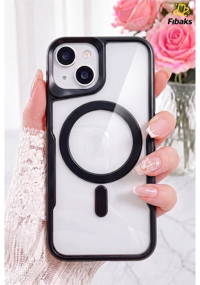 Fibaks iPhone 14 Plus/15 Plus Uyumlu Kılıf Prizma Kamera Çıkıntılı Magsafe Şarj Destekli Mat Renkli Şeffaf Siyah