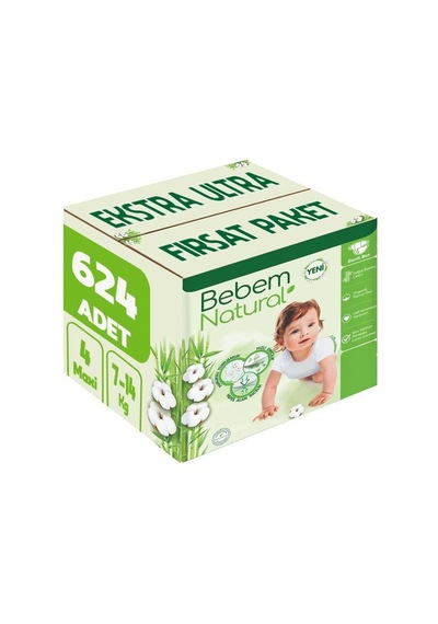 Bebem Bebek Bezi Natural Beden:4 7-14 Kg Maxi 624 Adet 4 Numara