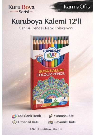 Kuruboya Kalemi 12 Li Canlı Renkler, Yumuşak Uç, Okul Ve Ödev İçin İdeal Kuru Boya Seti Beyaz