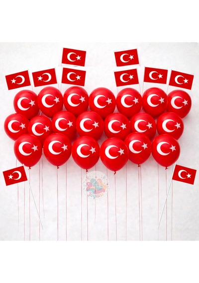 Türk Bayraklı Balon Seti 20 Adet 10'' 26 Cm + Çıtalı Türk Bayrağı 20 Adet Çok Renkli