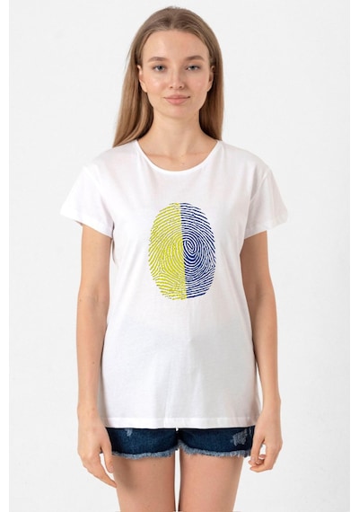 Sarı Lacivert Parmak İzi Beyaz Kadın Bisikletyaka Tshirt Beyaz