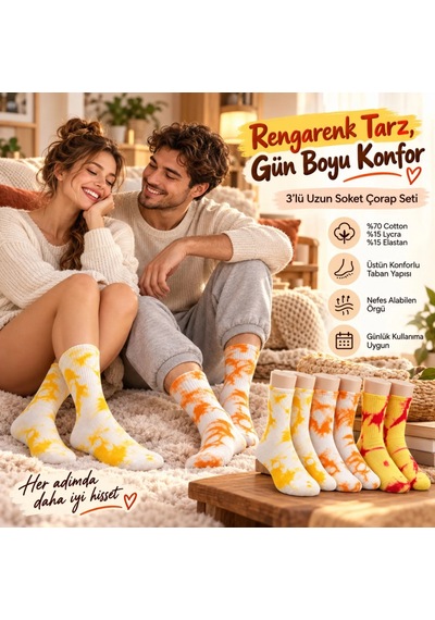 S'82 Unisex Batik Desenli Çorap 3'lü Set Pamuklu Renkli Uzun Soket Dikişsiz Nefes Alan Günlük Spor Çorabı Çok Renkli