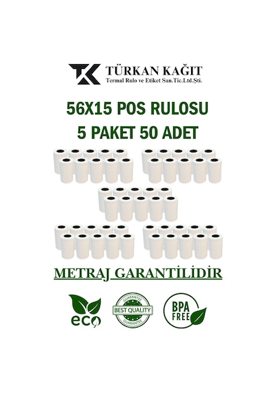 56x15 Pos Rulosu 5 Paket 50 Adet Termal Rulo - Yazarkasa Pos Rulosu - Pos Kağıdı