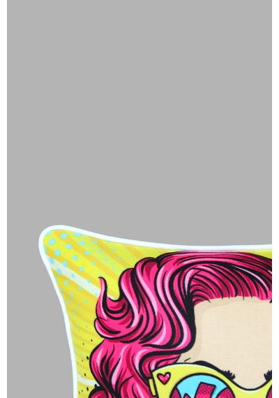Kırlent Kılıfı Pop Art Figür Desenli 45x45 Raşel Örme Kadife Çift Taraflı Dijital Baskı Beyaz Biyeli Çok Renkli