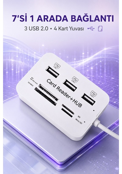 Usb 2.0 Çoklayıcı Hub 3 Port 4 Slot Kart Okuyucu Sd Micro Sd Mmc Ms 480 Mbps Tak Çalıştır Beyaz Abs