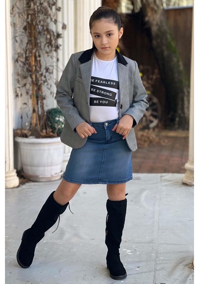 Riccotarz Kız Çocuk Yazı Baskılı Tişört Sahte Cep Detaylı Kareli Blazer Ceket Mavi Jean Etekli Takım 001 Riccotarz Kız Çocuk Yazı Baskılı Tişört Sahte Cep Detaylı Kareli Blazer Ceket Mavi Jean Etekli Takım 001