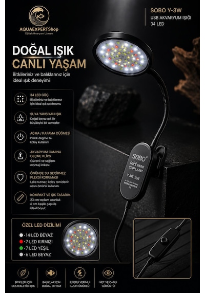 Sobo Usb Akvaryum Işığı - Balık Işığı - Bitki Işığı - 34 Led - Y-3w - Güçlü Aydınlatma - Üstün Performans - 23 Cm - Siyah