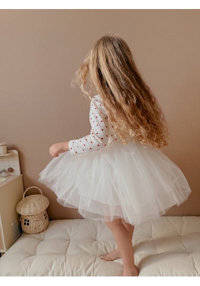 Linola Baby Kids Love - Ekru Kalpli Uzun Kollu Tütü Etekli Elbise Ekru
