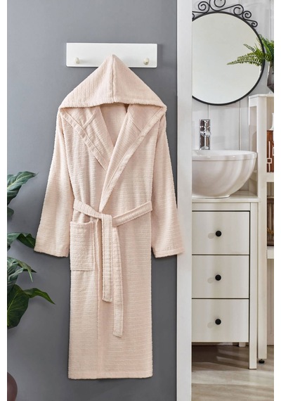 2 Li Kapşonlu Unisex Banyo Bornozu Seti %100 Soft Pamuklu Kiremit-bej