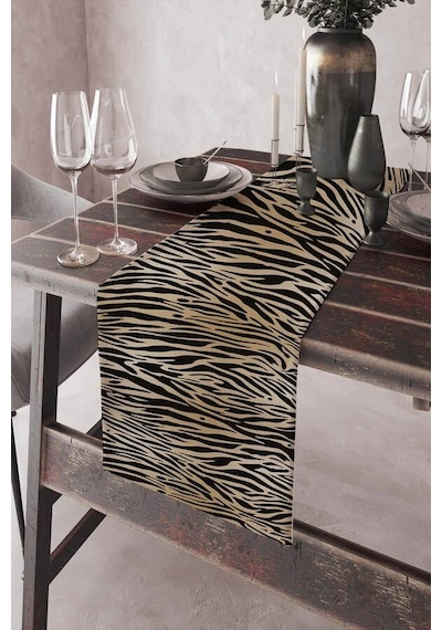 Bej Leopar Desenli Premium Masa Örtüsü Runner Rnr096n11