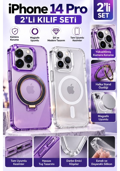 Apple iPhone Uyumlu 14 Pro Kılıf 2'li Set Lila Halkalı Standlı Ve Şeffaf Manyetik Kılıf