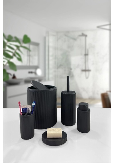 5 Parça Siyah Çizgili Yuvarlak 5'li Eco Banyo Seti Çöp Kovası Tuvalet Fırçası Sabunluk Diş Fırçalık