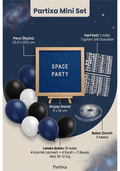 Uzay Temalı Doğum Günü Süsleme Mini Set Koyu Mavi Keçe Yazı Panosu Standlı Balon Zincirli Tüm Yaşlar