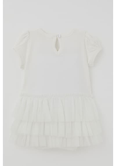 Breeze Kız Bebek Kısa Kollu Çıtçıtlı Zıbın Elbise Tütü Etekli Fiyonk Detaylı 6 Ay - 2 Yaş , Ekru