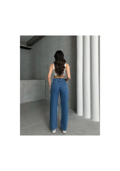 Kene Jeans Çift Diz Lazer Yırtık Mavi Bol Paça Jeans Mavi