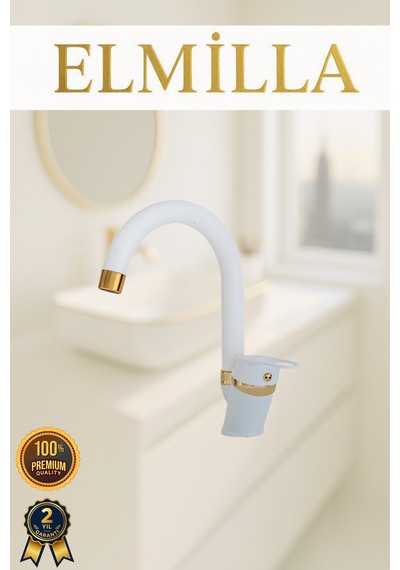 Beyaz Gold Banyo Lavabo Musluğu Bataryası Çeşmesi Baston Borulu Lüx Tasarım Çif Su Giriş