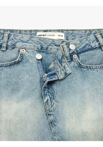 Koton Pamuklu Cepli Düğmeli Asimetrik Mini Denim Etek Orta İndigo 6sal70041md