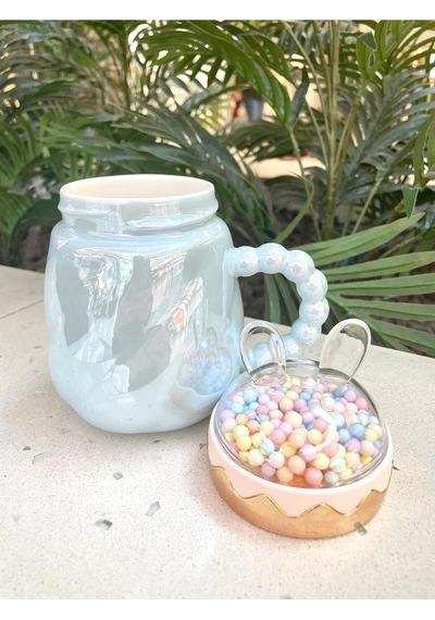 Tavşan Kapaklı Ponpon Kupa Mug Mavi