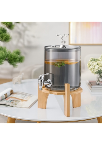 Elta Collection Gümüş Füme Cam Şerbetlik Meşrubatlık Musluklu Ve Ahşap Standlı 3.6 Litre Gümüş