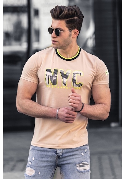 Madmext Camel Baskılı Erkek Tişört 4606-Camel