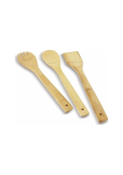 Ayrex Pişirme Kaşığı Bambu 3 Parça Spatula Ahşap Çatal, Mutfak Yardımcısı 30 Cm