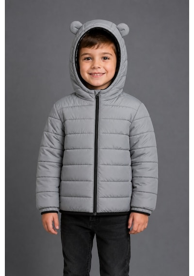 Mnk Baby & Kids Erkek Çocuk Kapüşonlu İçi Polarlı Fermuarlı Şişme Mont M00858 Açık Gri