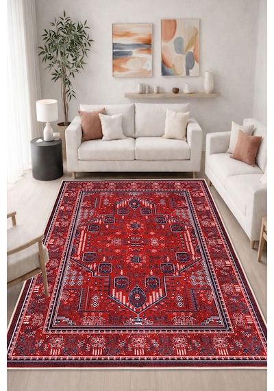 STY Home Bordo Dijital Baskı Halı Kaymaz Tabanlı Yıkanabilir Halı Yolluk Salon Halısı119