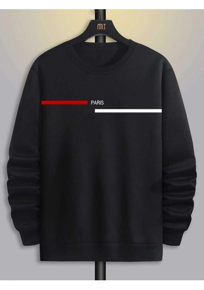 Paris Çizgi Sweatshirt - Siyah Baskılı Oversize Kışlık Kalın Bisiklet Yaka Siyah