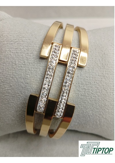 Üç Sıra Zirkon Taşlı Kelepçe Bileklik Gold