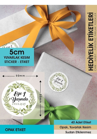 Yeşilyapraklı Çelenk Modeli Ürünlerinize Özel 5 Cm - 40 Adet Opak Sticker Renkli