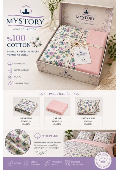 %100 Pamuk Çift Kişilik Nevresim Takımı Spring Bloom Pudra Yeşil Pudra Lila