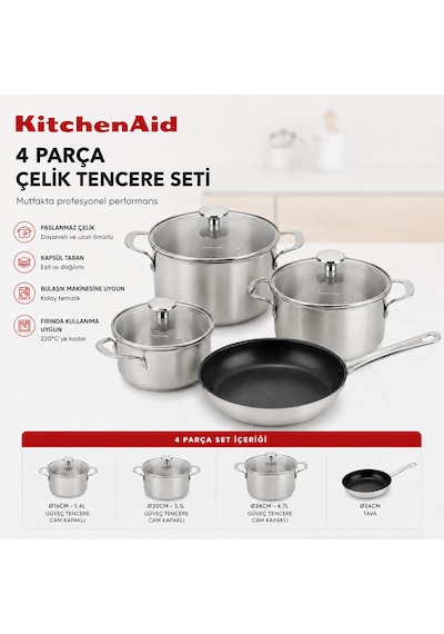Kitchenaid 7 Pcs Çelik Tencere Seti Metalik