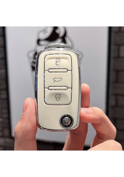 Octavia A5 Uyumlu Parlak Anahtar Kılıfı Beyaz - Gümüş