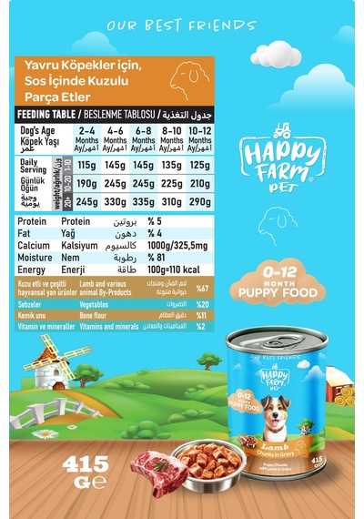 Happy Farm Yavru Yaş Köpek Maması Kuzu Etli 415 Gr 36 Adet