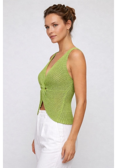 Neden Tekstil Twist Knot Detaylı Premium Kadın Triko Bluz V Yaka Örgü Dokulu Şık Crop Tasarım - Yeşil