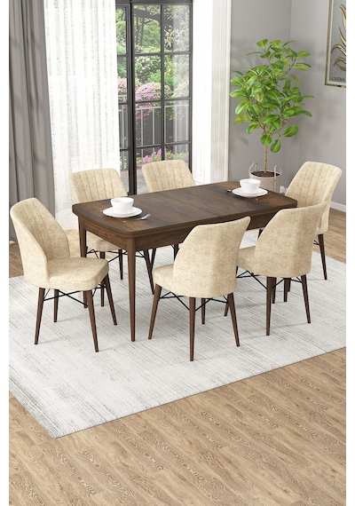 Arel Barok Desen 80x132 Açılabilir Mdf Masa Yemek Odası Takımı, Mutfak Takımı 6 Adet Sandalye Barok Masa - 6 Krem - Ceviz Ayak Arel Barok Desen 80x132 Açılabilir Mdf Masa Yemek Odası Takımı, Mutfak Takımı 6 Adet Sandalye Barok Masa - 6 Krem - Ceviz Ayak