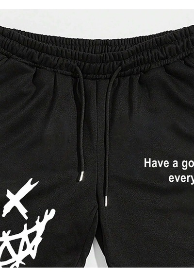 Cartoon & Slogan Graphic Drawstring Waist Eşofman Altı Siyah