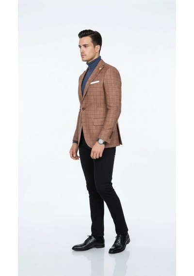 Plus Scorpion Ekoseli Slim Fit Erkek Blazer Ceket Şık Modern Tasarım, Tek Düğmeli Kiremit