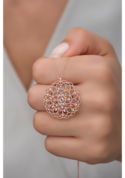 925 Ayar Gümüş Renkli Taşlı Yaşam Çiçeği Kolye Rose Gold