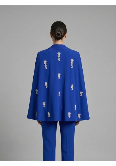 Crystalia Sırtı Taş İşlemeli Ve Pelerin Detaylı Kruvaze Blazer Ceket Saks Mavisi