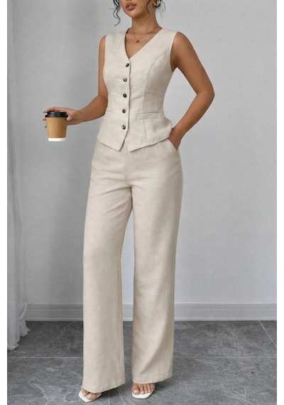 Defymoda Kadın Askılı Önden Düğmeli Bluz Ve Pantolon Keten Ikili Takım Bej