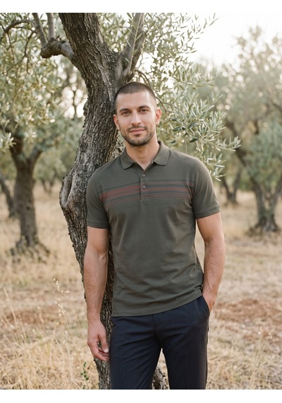 Maccali Erkek Haki Çizgili Bantlı Oxford Polo Yaka Tişört