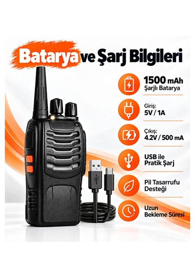 16 Kanallı El Telsizi 2 Li Set 1500 Mah Şarjlı Batarya Uhf 400 470 Mhz Led El Fenerli