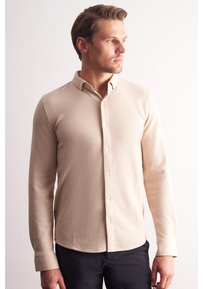 İmza Bej Uzun Kol Düğmeli Yaka Kendinden Desenli Pamuklu Slim Fit Gömlek 1004255267 Bej
