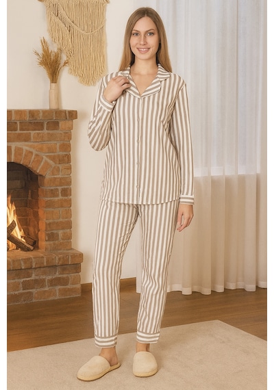 Remsa Kadın Çizgili Desen Suprem Düğmeli Pijama Takımı 0496 Vizon01 Vizon01