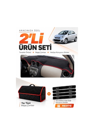 E-biz Nissan Micra March 2010-2016 Uyumlu Torpido Örtüsü + Tay Tüyü Çanta - Siyah-kırmızı - Nı008