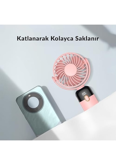 K70 Taşınabilir Şarjlı El Vantilatörü 2400mah 360 Döner Başlıklı Ve Standlı Dijital Ekranlı Soğutucu Fan Pembe