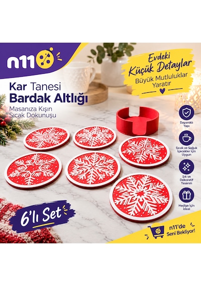 Yeni Yıl Kar Tanesi Tasarımlı 6'lı Bardak Altlığı Seti Stant Hediyeli Beyaz  - Kırmızı